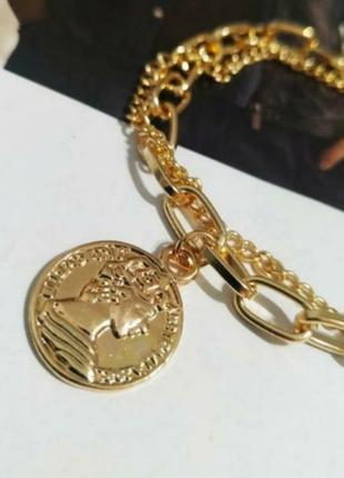 Двойной браслет с медальоном в стиле панк, стильный браслетик золото7 фото