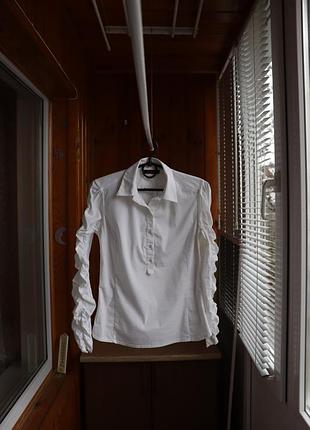 Блуза с воротником классическая белая офисная с жатыми рукавами туречка