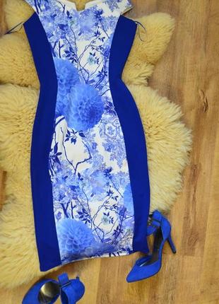 Стильне яскраве плаття миди синього неонового кольору в квітковий принт3 фото
