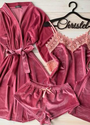 Бархатный комплект с кружевом. бархатный набор майка шорты штаны халат  розовый3 фото
