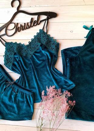 Пижама бархат тройка майка штаны шорты волна