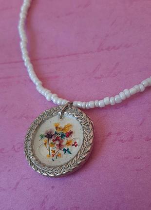 Кулон чокер цвет сухоцвет эпоксидн бисер миниатюр ожерел колье бижут цепоч сер