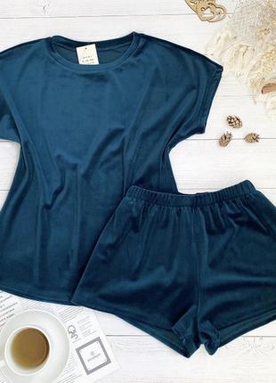 Практичный плюшевый комплект , бирюзовая пижама штаны шорты футболка, костюм, волна2 фото