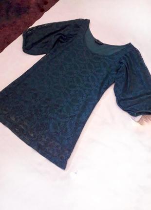 Платье мини бирюзовое кружевное, сетка, рукава объемные буфы1 фото