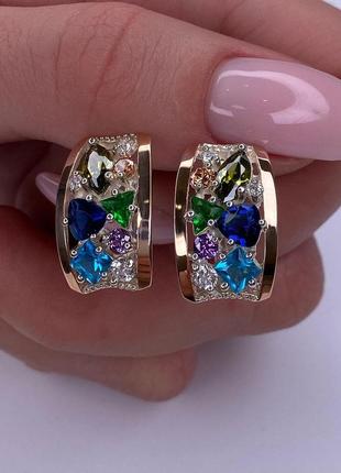 Серебряные серьги с золотыми напайками, 925, фианиты