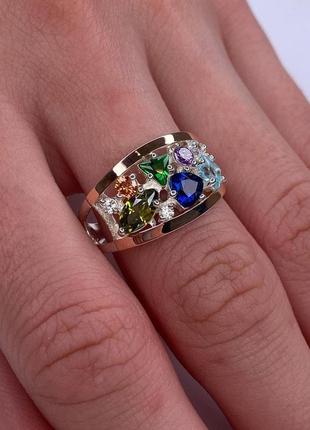 Серебряное кольцо с фианитом и золотыми напайками, 925, серебро