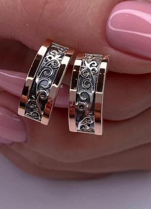 Серебряные серьги, чернения, 925, серебро, золотовые напайки