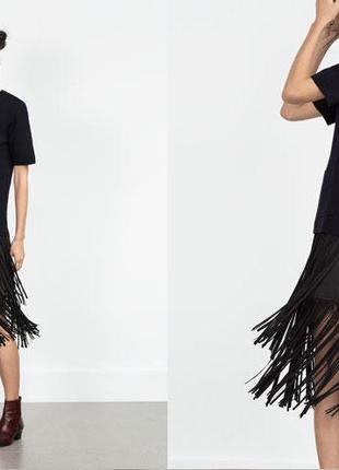 Стильная юбка zara с бахромой под замшу/черная юбка с бахромой zara8 фото