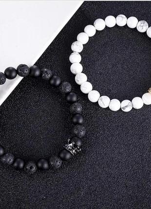 Парные мужские женские браслеты из камней для двоих, черный, белый с короной5 фото