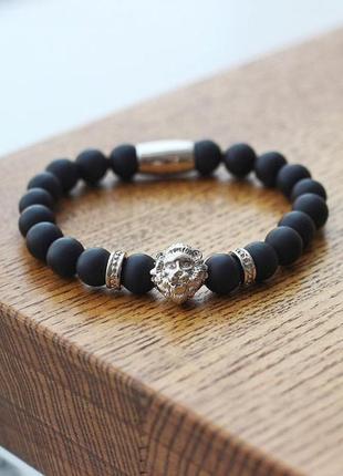 Мужской браслет из натуральных камней черный lion black silver, каменный браслет со львом2 фото