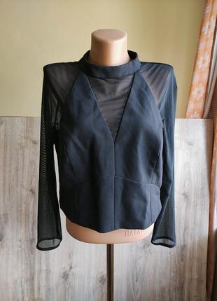 Черная укороченная блуза с длинным прозрачным рукавом сеткой , топ .1 фото