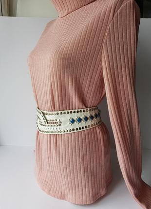 Шикарный пояс, инкрустация, заклёпки, камни, белая кожа. обхват 85-94 см.