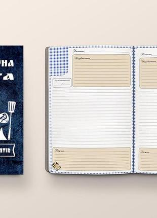 Кулінарна книга для запису рецептів "вогонь, шматки м яса, виделка та лопатка (синій фон)"2 фото