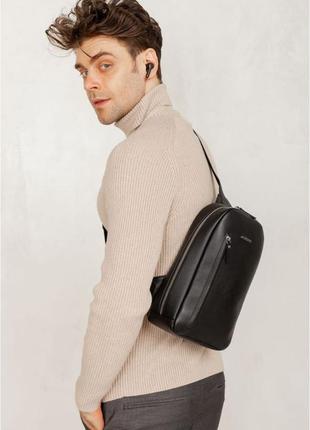 Сумка- рюкзак через плечо, слинг кожаный черный chest bag7 фото