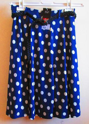 Красивая натуральная синяя юбка f&f в горошек с поясом размер 6