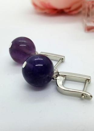 💜💃 сережки з підвісками 12 мм натуральний камінь фіолетовий флюорит кульки англійський замок5 фото
