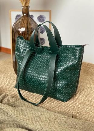 Зелёная женская сумка шоппер плетённая bottega veneta