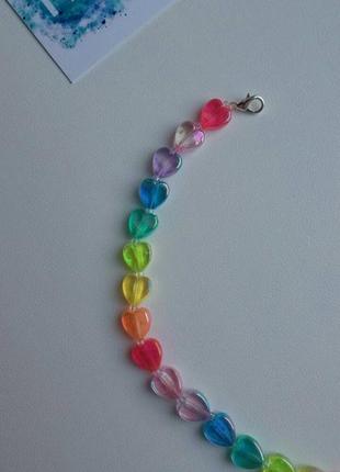 Чокер з бісеру та намистин, сердечки, веселка, райдуга, яскраві, кольорові, намисто, кольє, тренд2 фото