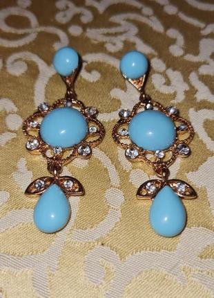 Серьги сережки под золото под бирюзу