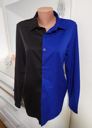 Двухцветная рубашка в корейском стиле черный синий3 фото