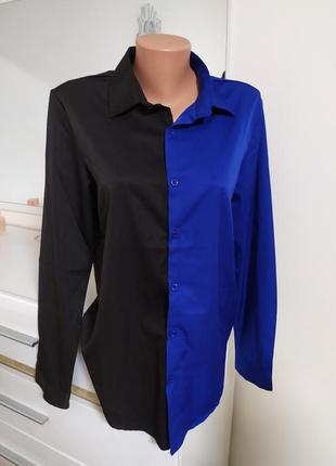 Двухцветная рубашка в корейском стиле черный синий2 фото