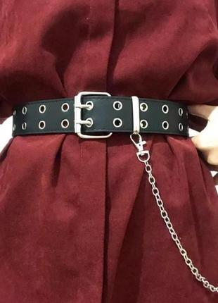 Модный женский черный ремень с цепочкой пояс с дырками 40193 фото