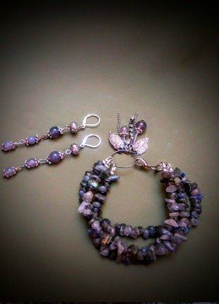 Дизайнерский браслет стильные серьги натуральные камни  набор бохо подарок висюльки1 фото