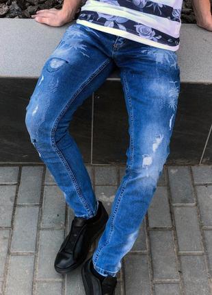 Джинсы мужские с принтом рваные синие турция / джинси чоловічі с надписью рвані сині1 фото