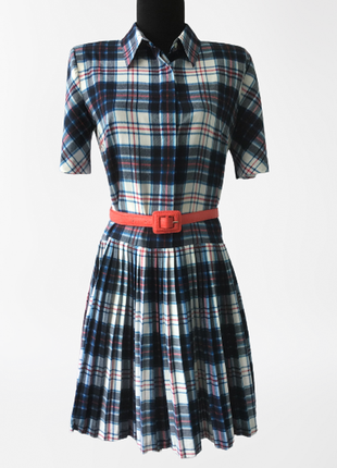 +біло-синє плаття-сорочка з коротким рукавом з візерунком тартан бренду sandro paris