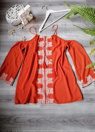 Летняя яркая туника missguided с открытыми плечами, оранжевое платье3 фото