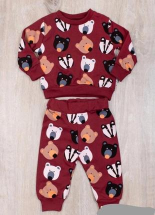 Стильний бордовий спортивний костюм для малюка з ведмедями модний хлопчики дівчатка
