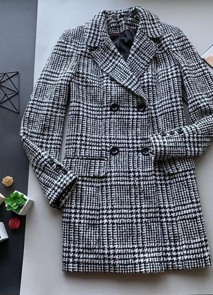 🧥серое шерстяное пальто в клетку/клетчатое пальто-пиджак/чёрно-белый удлинённый пиджак🧥6 фото