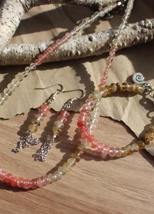 Набір з синтетичного кварцу🍒. браслет, намисто і сережки. кавуновий кварц.