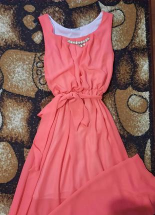 Летнее платье-сарафан в пол шифоновое, цвет коралловый, размер м 445 фото