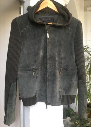 🔥🤩замшевый весенний пиджак-курточка с вязанными рукавами и капюшоном 🤩🔥1 фото