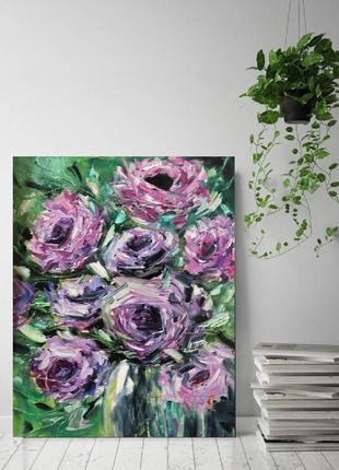 Картина интеьерная с фиолетовыми розами маслом4 фото