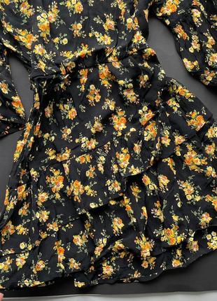 👗стильное чёрное короткое платье с цветами/закрытое чёрно-жёлтое платье в цветах рюши👗8 фото
