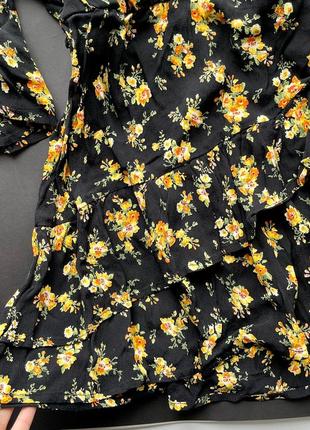 👗стильное чёрное короткое платье с цветами/закрытое чёрно-жёлтое платье в цветах рюши👗9 фото