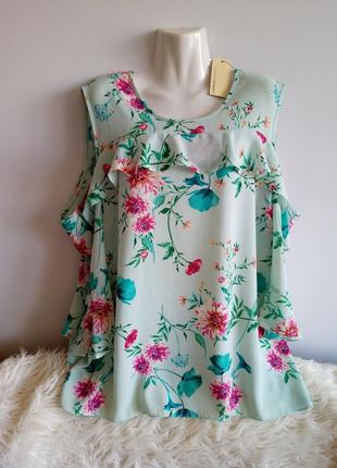 Бирюзовая блуза в цветы, с коротким рукавом, батал, от capsule, р. 24/6xl1 фото