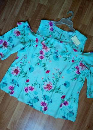 Бирюзовая блуза в цветы, с коротким рукавом, батал, от capsule, р. 24/6xl3 фото