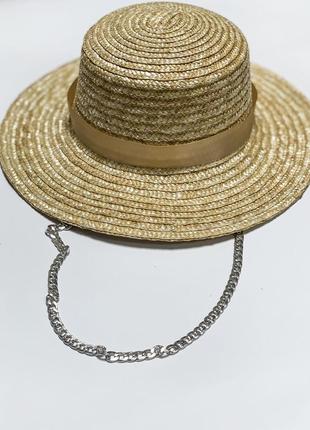 Соломенная шляпа женская канотье с цепочкой цвет серебро1 фото