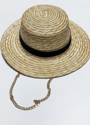 Солом'яний капелюх жіночий канотьє з ланцюжком колір срібло2 фото