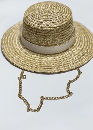 Соломенная шляпа женская канотье с цепочкой цвет серебро2 фото