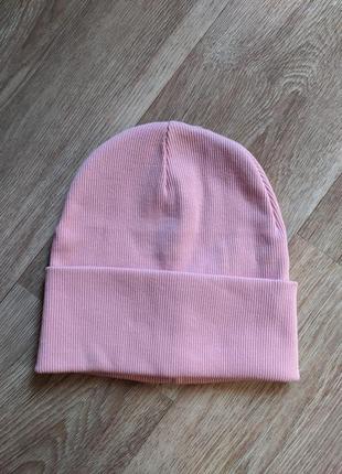 Трикотажная двойная шапка в рубчик, детям и взрослым. розовая1 фото