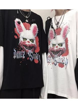 Лонг кофта футболка черная белая кпоп кролик убийца готичечкая1 фото