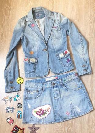 Джинсовый костюм пиджак юбка джинсовка