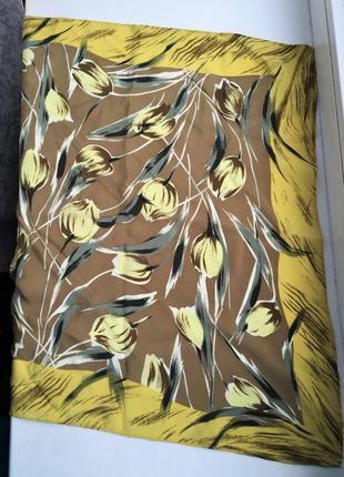 Шелковый платок в цветочный принт - тюльпаны натуральный шелк, шаль винтаж, шов роуль