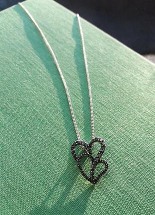 Серебряная цепочка + кулон "2 сердца" с чёрными фианитами2 фото