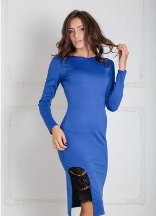 Платье трикотажное с гипюром, синее, с длинным рукавом р.40-50; одежда 20589