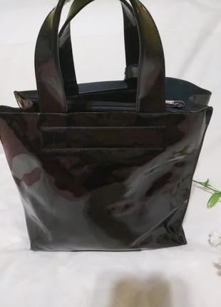 Сумка шоппер средняя черная с переливом кожа лакированная оригинал furla итальялия6 фото